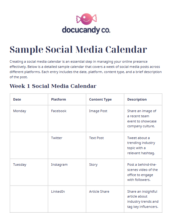 Sample Social Media Calendar Template - Professional & Customizable