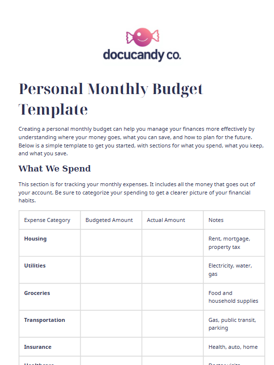 Personal Monthly Budget Template - Professional & Customizable
