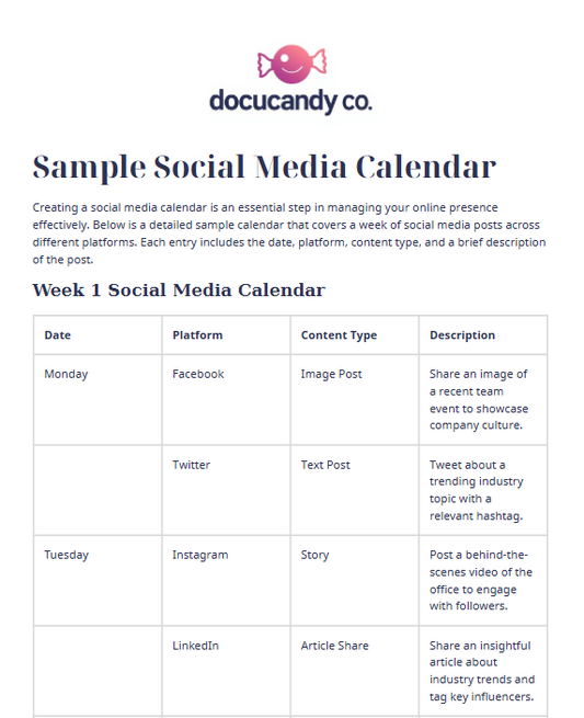 Sample Social Media Calendar Template - Professional & Customizable