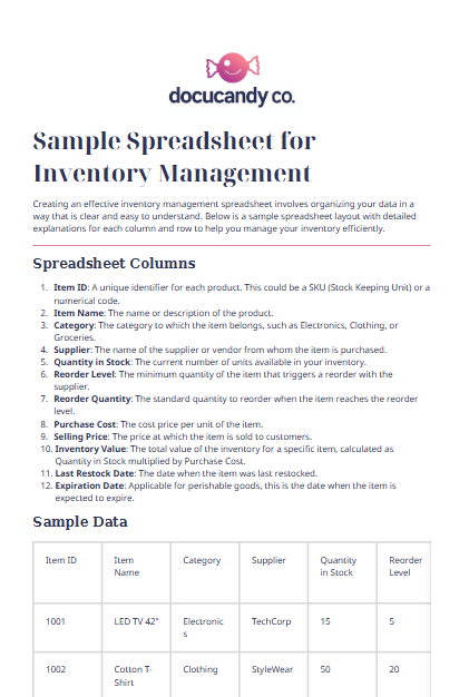 Sample Spreadsheet for Inventory Management Template - Professional & Customizable