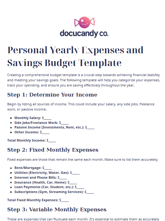 Personal Yearly Expenses and Savings Budget Template - Professional & Customizable
