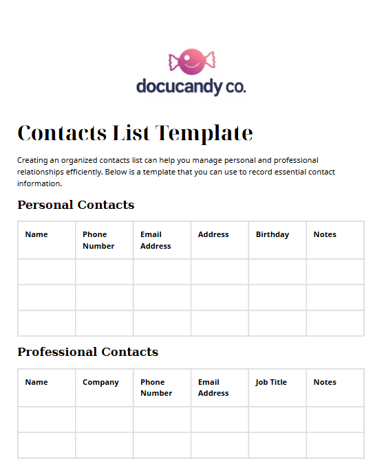 Contacts List Template - Professional & Customizable