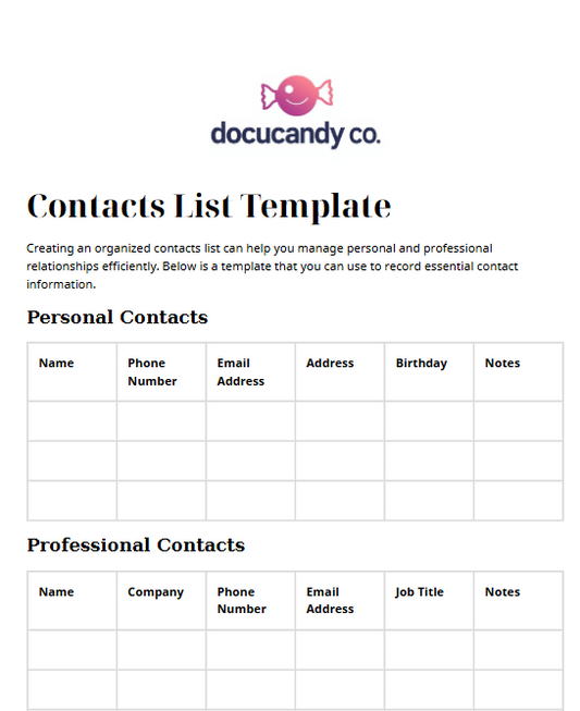 Contacts List Template - Professional & Customizable